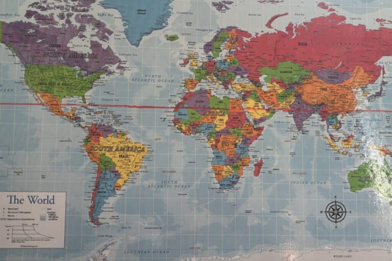 Colorful world map showing continents and countries.